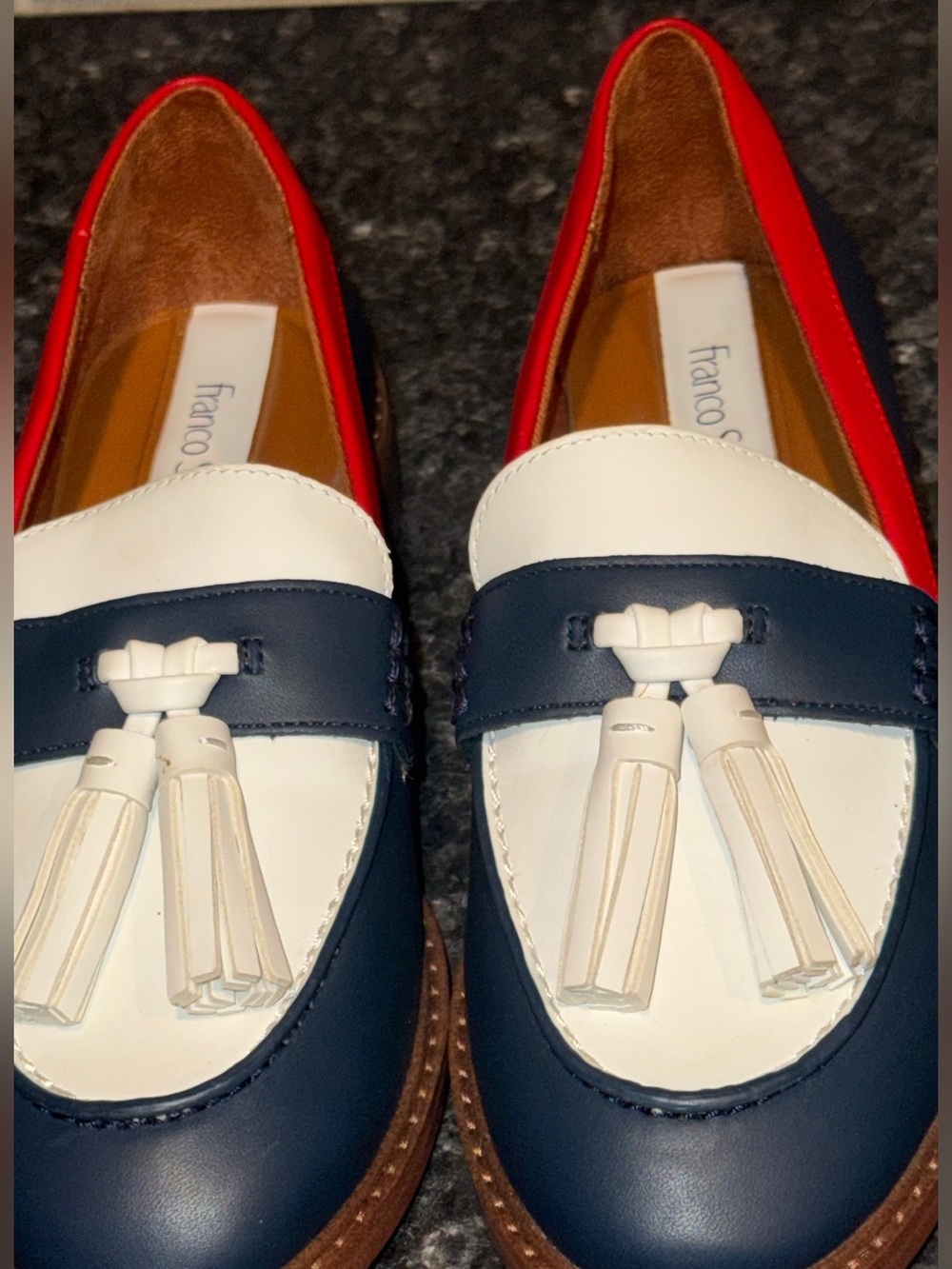NWOB Franco Sarto Women's Carolynn Low Tassel Loafers Size 5 M - Navy White Red